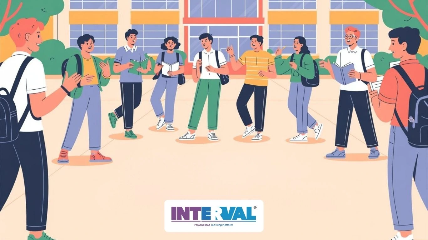 CBSE new exam pattern 2026 group of happy high school students discussing study plans on a campus with books and backpacks, illustrating competency-based learning, internal assessment, and two-exam system, Interval Learning