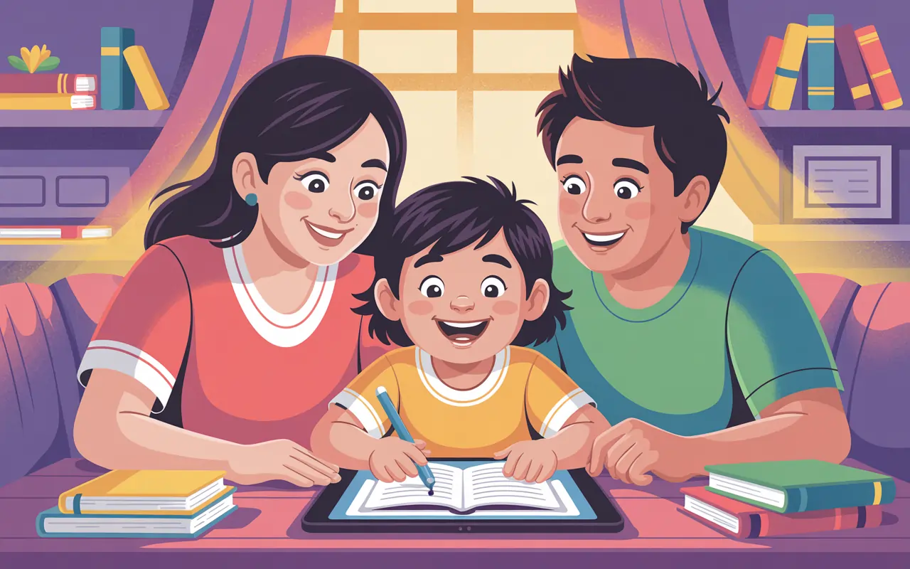 A happy child studying with parents using a digital tablet and books at home, representing the best online tuition for Class 1 to 12.