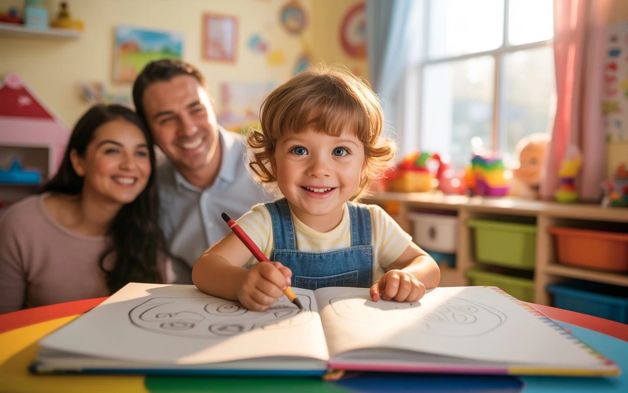 A smiling child gets drawing ideas for kids from a book as her happy parents watch on in a bright, colorful room.
