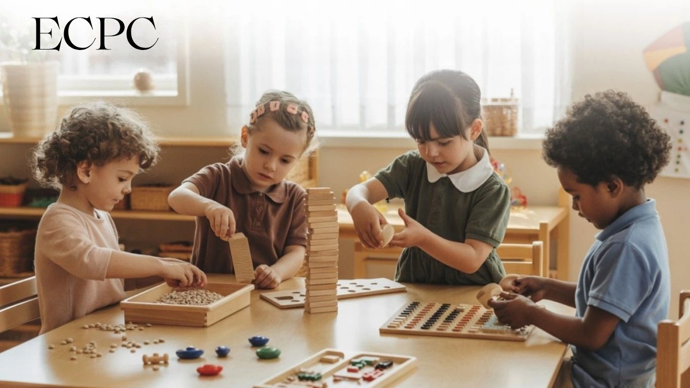 Children engaging in hands-on activities in a calm classroom setting, showing benefits of Montessori for special needs learning.